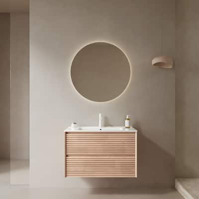 30" Bathroom Vanity with White Ceramic Sink, Natural Walnut Plywood Cabinet, 2 Spacious Drawers
