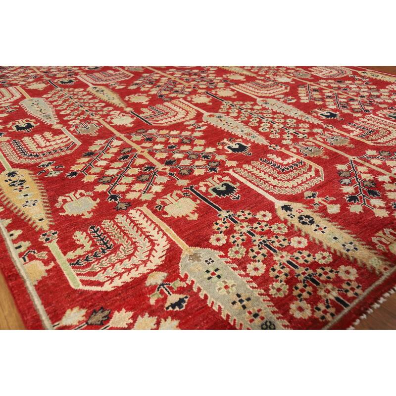 Hand Knotted Oriental 100% Wool Carpet Traditional All-Over Red Ziegler Area Rug - 9' 9'' X 6' 7''