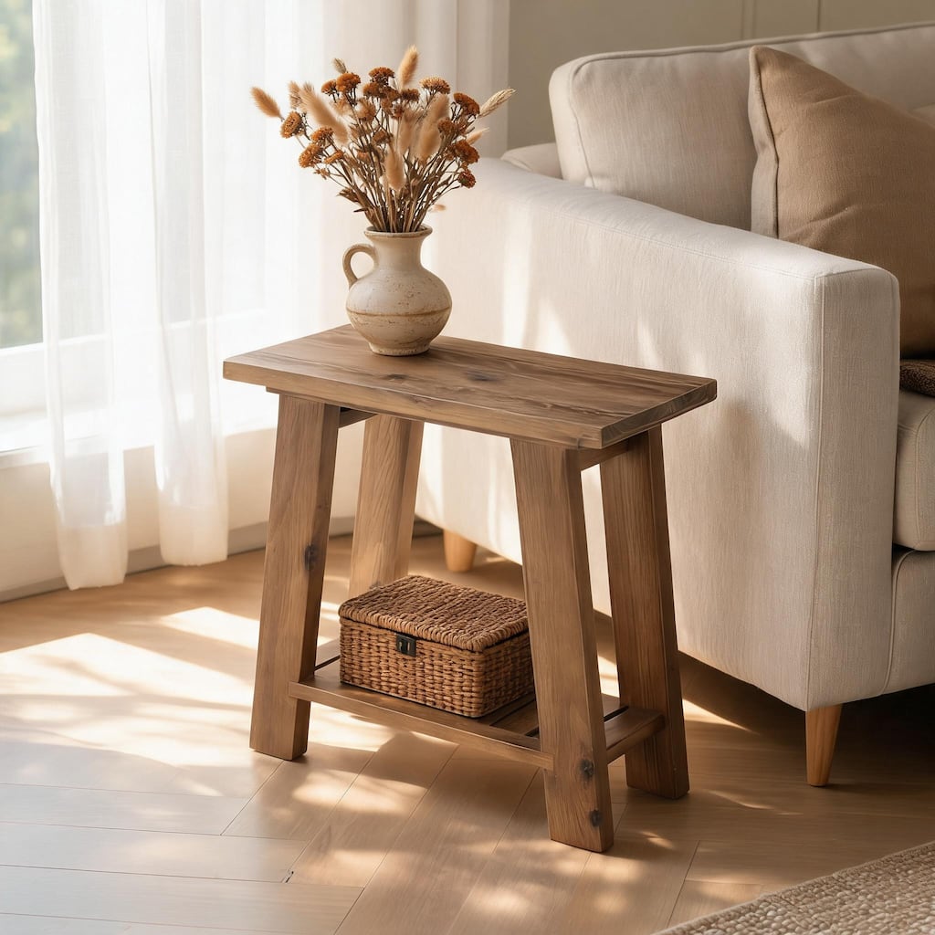 Rustic 2-Tier Solid Wood Side Table, Farmhouse End Table for Bedroom & Living Room
