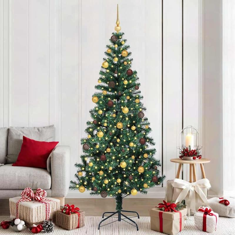 vidaXL Artificial Christmas Tree Green 70.9" PVC - Green with leds & gold/bronze balls - 7 Foot