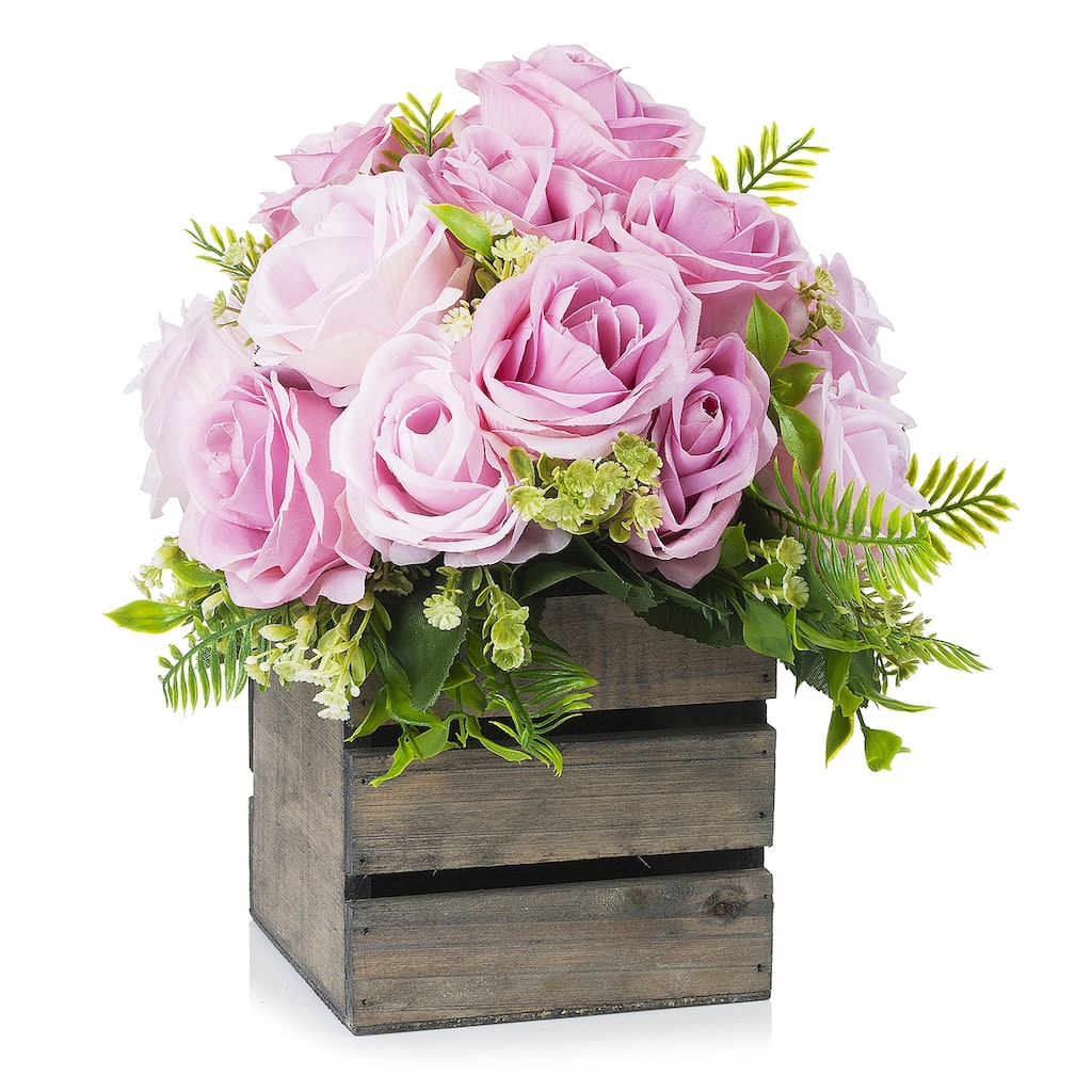 Enova Home 18 Heads Mixed Artificial Silk Roses Fake Flowers Arrangement with Wood Planter for Home Office Wedding Decoration
