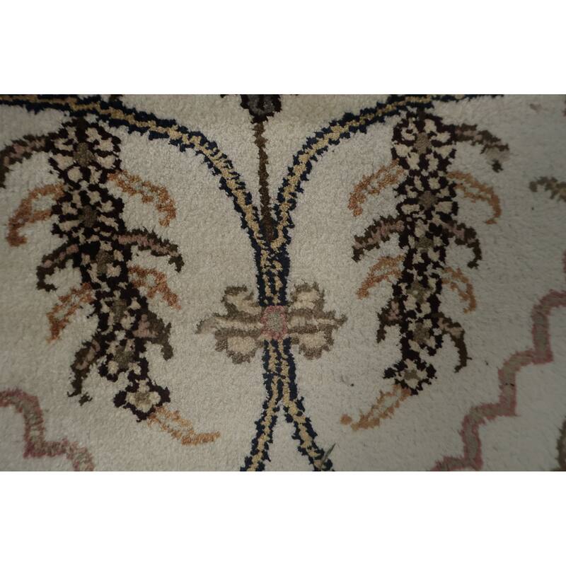 Hand Knotted Oriental Silk Carpet Traditional Floral Beige & Ivories Kashmir Area Rug - 8' 11'' X 6' 1''