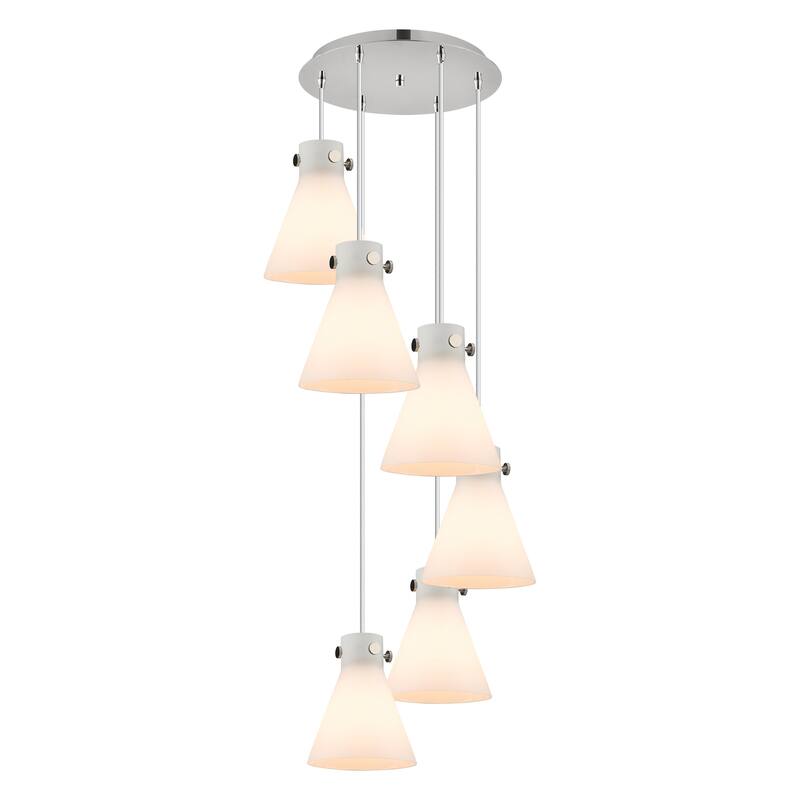 Innovations Lighting Newton Cone - 6 Light 8" Cord Hung Multi Pendant - 14" Canopy - Polished Nickel/White