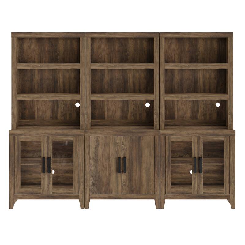 WAMPAT 74" Tall Bookshelf with Glass Doors, Farmhouse Bookcase with Open Shelves