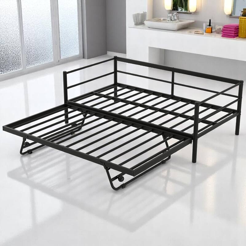Twin Size Metal Daybed with Adjustable Pop-Up Trundle and Remote-Control LED Light Strip, No Box Spring Needed,Trundle bed
