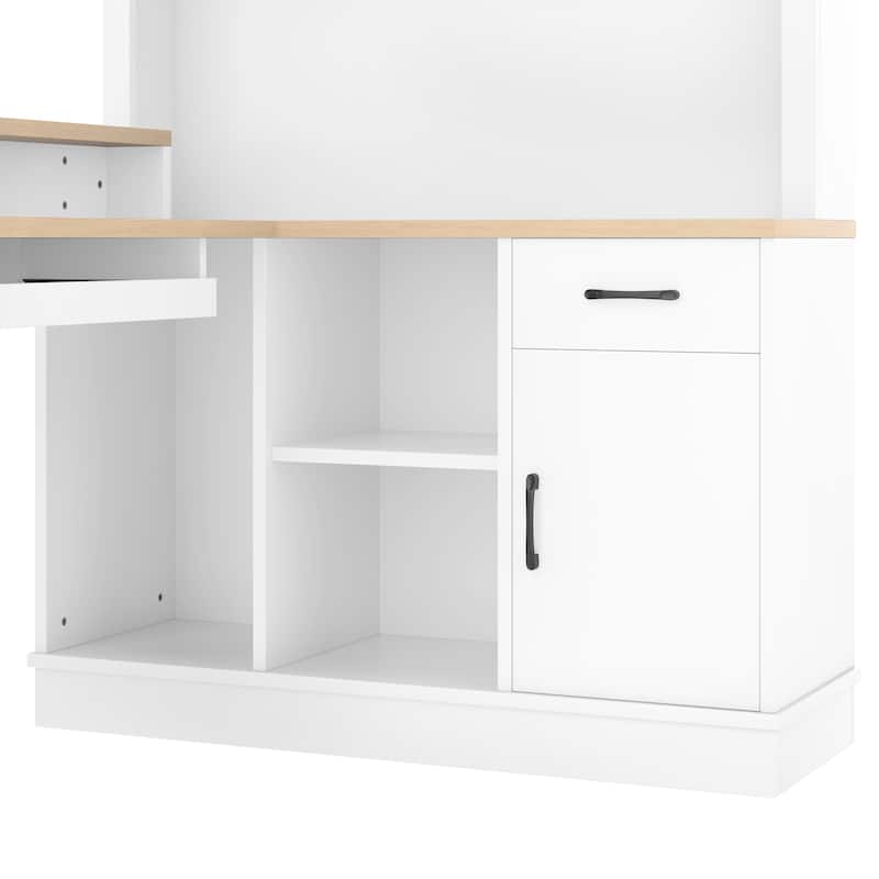 Roomfitters L-Shaped Computer Desk with Power Outlets, Corner Workstation with Hutch and Drawers