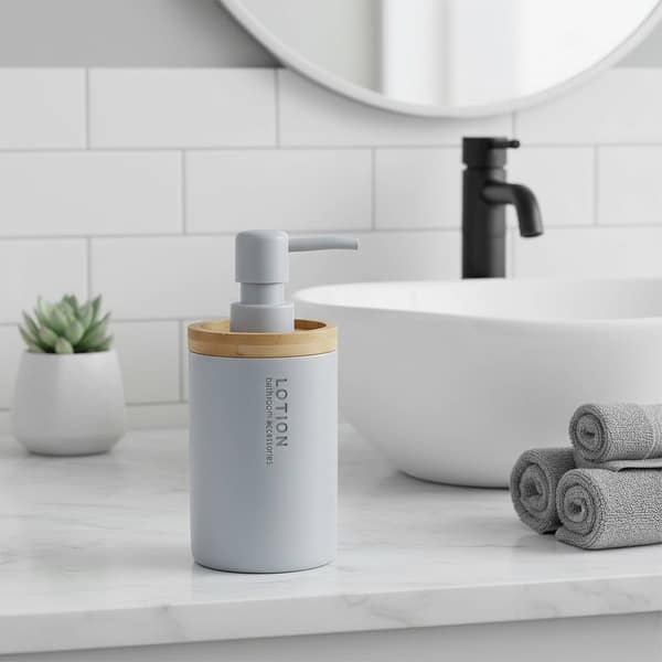 slide 2 of 53, Elegant Soap Dispenser - Polyresin and Bamboo Design, Refillable Liquid Pump - 3 L x 3 W X 7 h Light Blue
