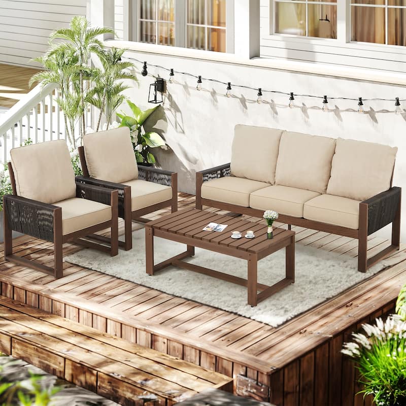 Outdoor 4-Piece Sofa Set with Coffee Table, PE Wicker & Cedar Wood Patio Furniture, Garden Conversation Set with Thick Cushions