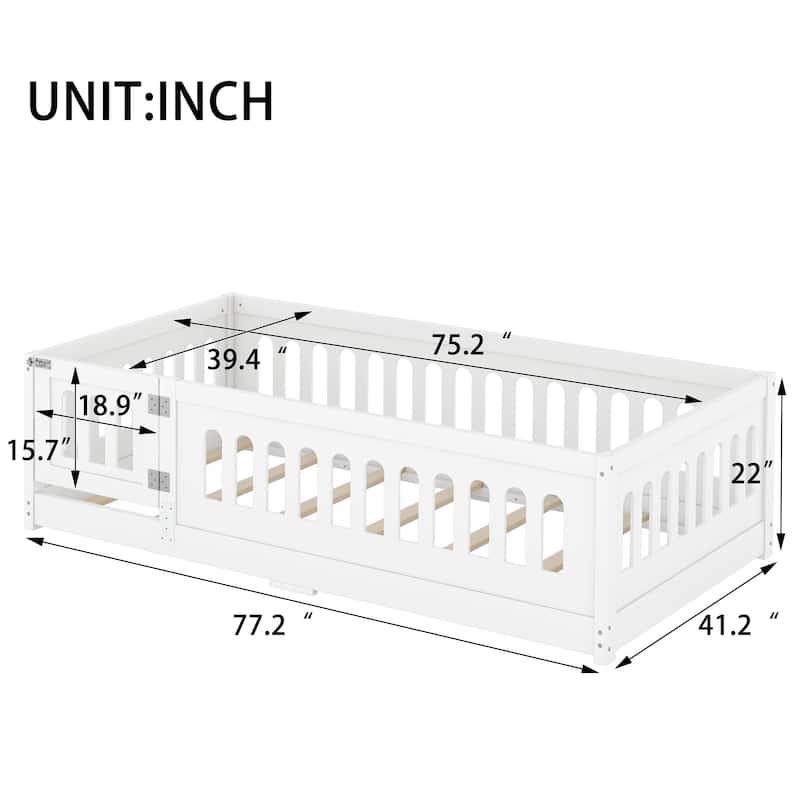 Solid Wood Montessori Floor Bed with Fence & Doors, Wood Slats Support