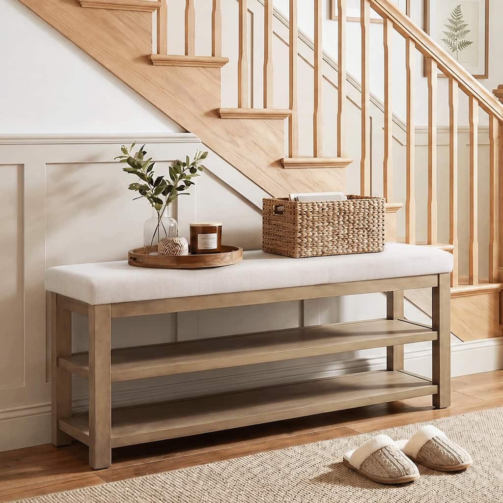 HUIMO Multi-Functional Solid Wood Bench with Storage Shelves 46in/39in/31in