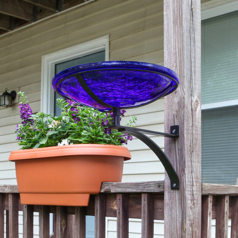 Achla Designs 14"Dia. Round Crackle Glass Birdbath w/Black Wrought Iron Wall Mount Bracket