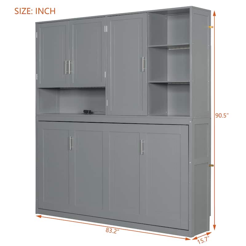 Twin/Full Size Murphy Bed Wall Bed with Top Cabinet, Shelves, Light, USB, and Storage, Space-Saving Foldable Design