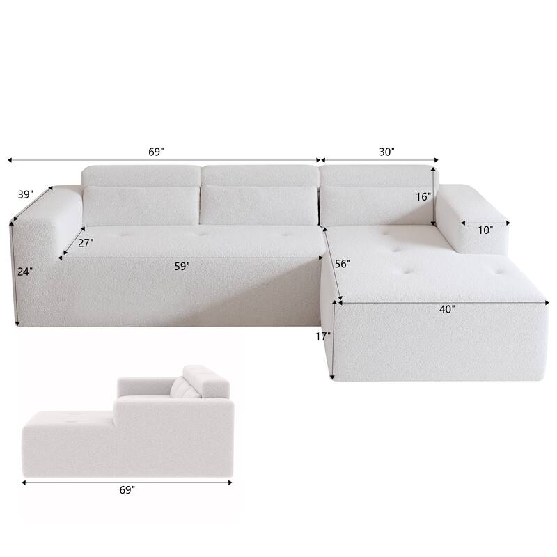 L Shaped Modular Sectional Cloud Sofa with Chaise, Teddy Fabric 3 Seat Corner Sofa, Upholstered Couch with Pillows