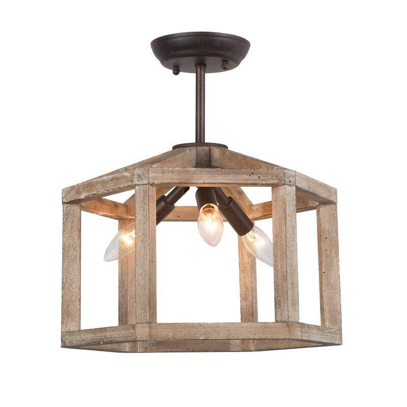 Modern Farmhouse 3-Light Wood Semi Flush Mount Lantern Ceiling Light ...