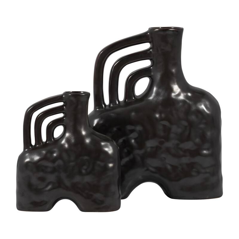 Ceramic Metallic Triple Handle Vase, Black, Novelty, Solid Color