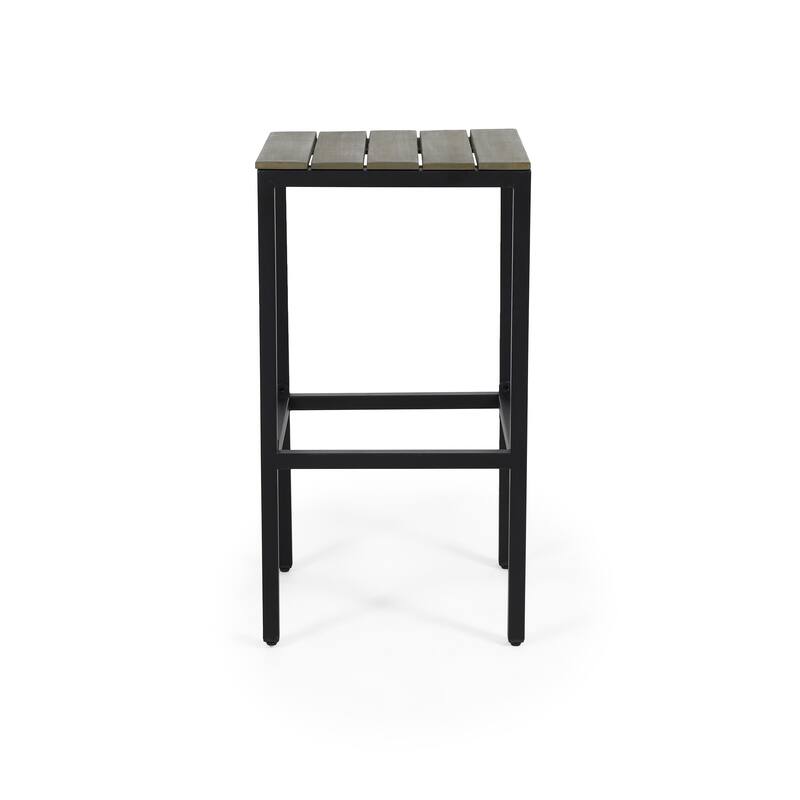 Roomfitters 2-Piece Outdoor Metal Bar Stools, Industrial Patio Backless Counter Height Chairs with Wood Slat Top, Black+Grey