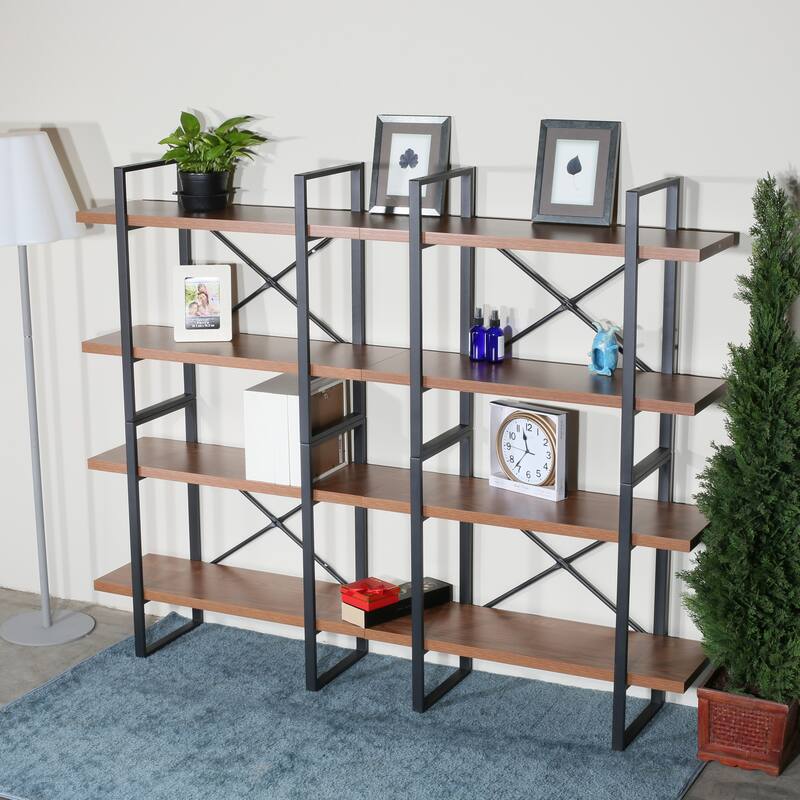 Large double bookcases with 8 walnut wood shelves for living room - 82.68*11.34*56.69 inches