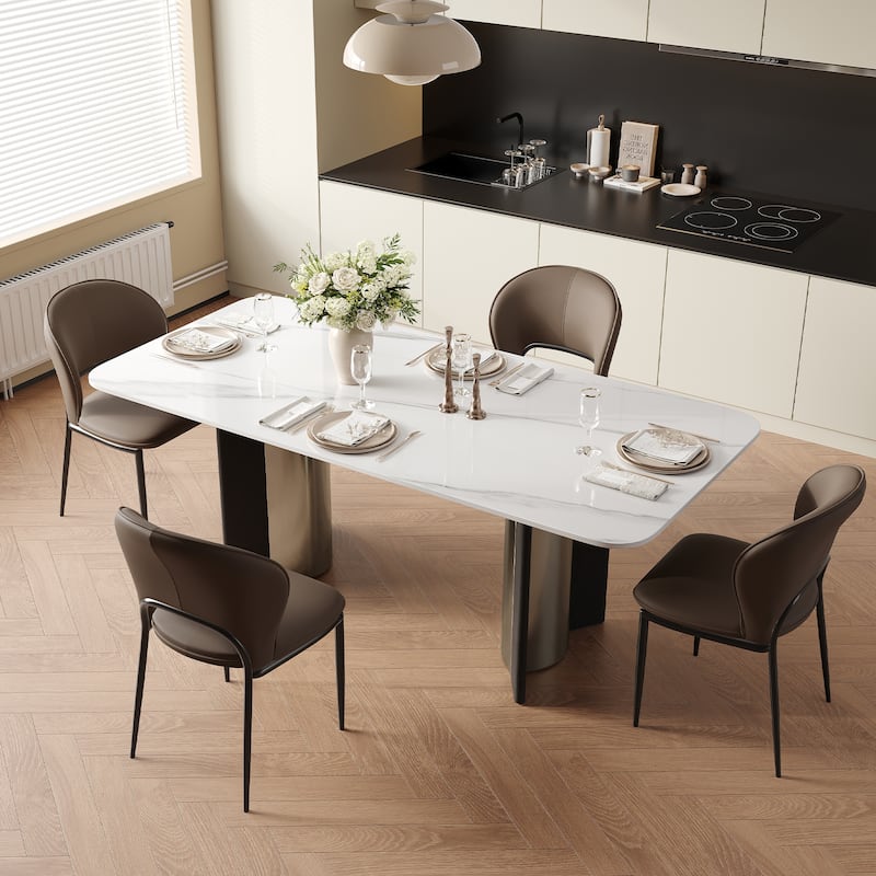 63" Modern Rectangular Dining Table for 4, White Glossy Sintered Stone Table Top,with double Stainless Steel Legs
