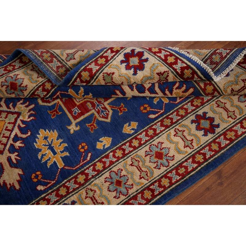 Blue Geometric Kazak Accent Rug Hand-Knotted Oriental Wool Carpet - 3'5" x 4'11"