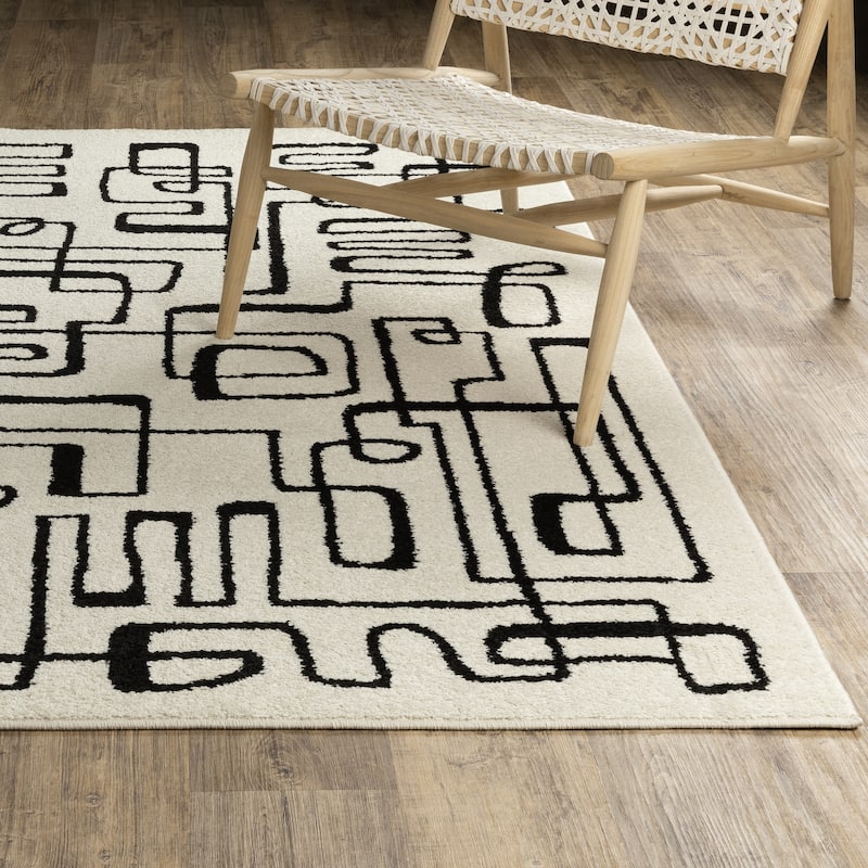 Quartz Mid-Century Modern Beige/ Black Area Rug- - 2' x 7'