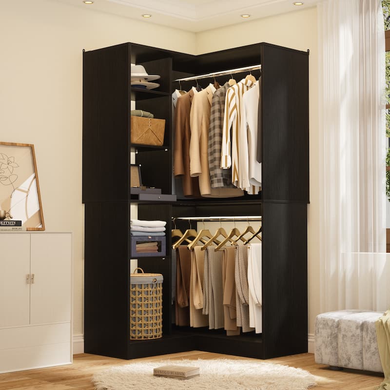 Qvella 36" Corner Closet System with 2 Hanging Rods and Hutches, Freestanding Corner Wardrobe Rack with Adjustable Shelves
