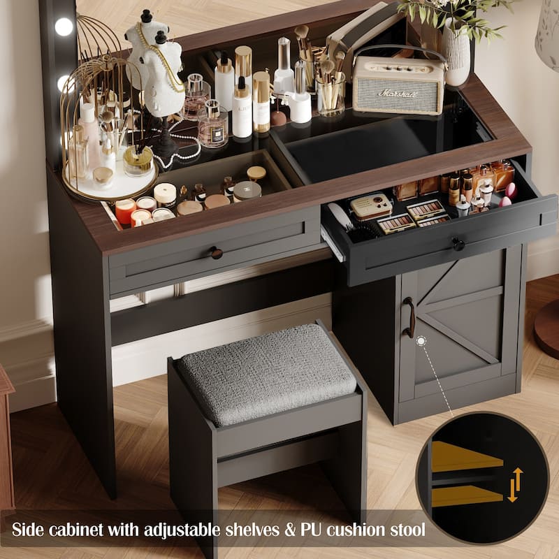 43.4" Vanity Table with 3 Drawers & Large Mirror, 11 LED Lights & Adjustable Brightness(Stool Included)