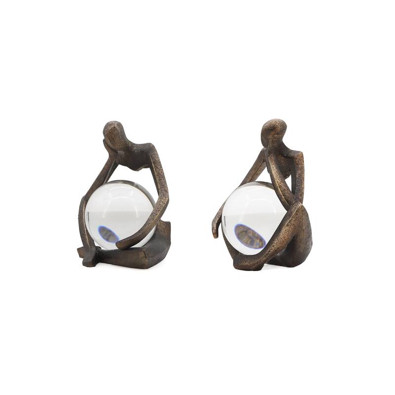 Sagebrook Home 8" Aracar Bronze Statuary With Cyrstal Sphere, Set of 2 - 7" x 6" x 8"