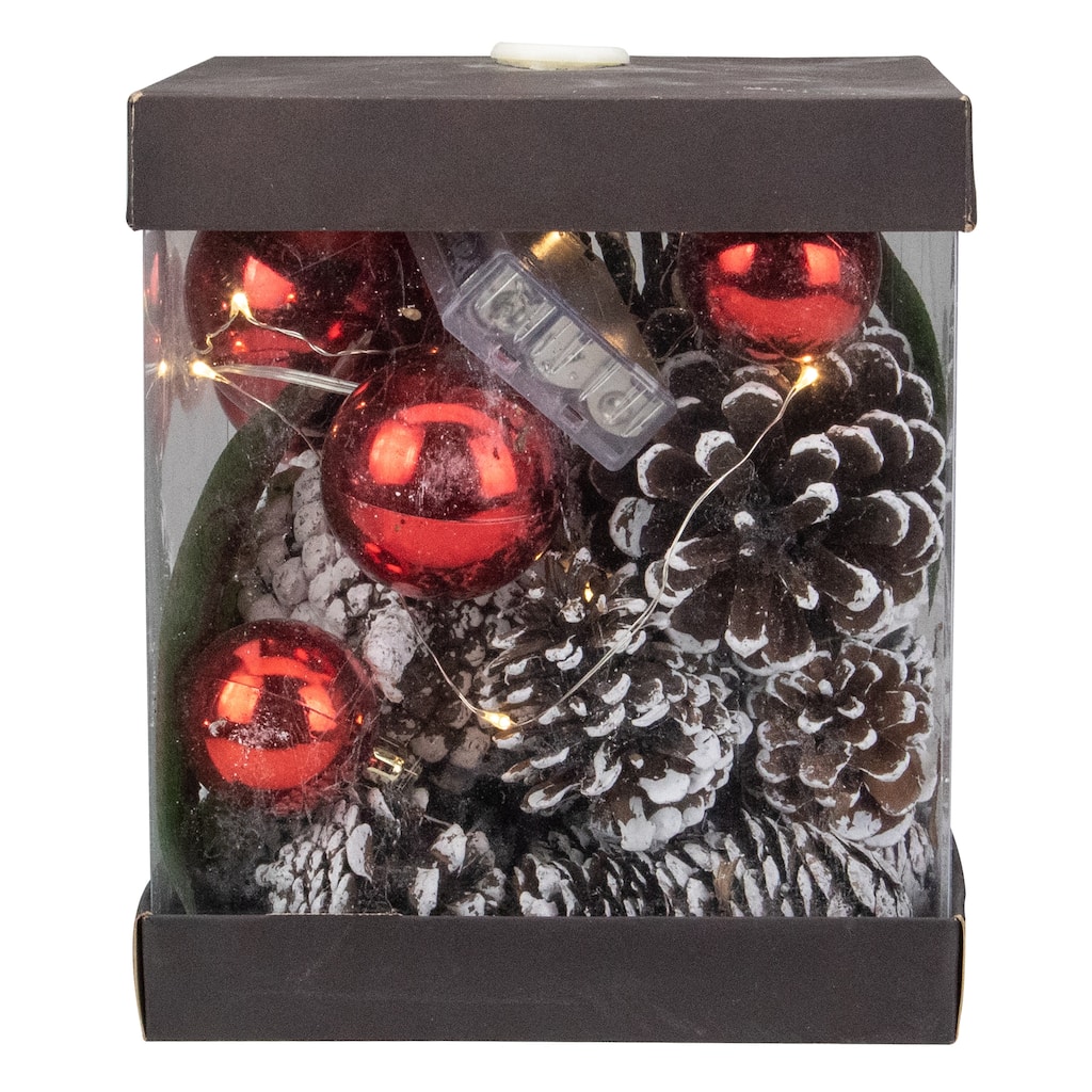 7" LED Lighted Magnolia Leaf Pinecone and Red Ball Ornaments Christmas Decorations