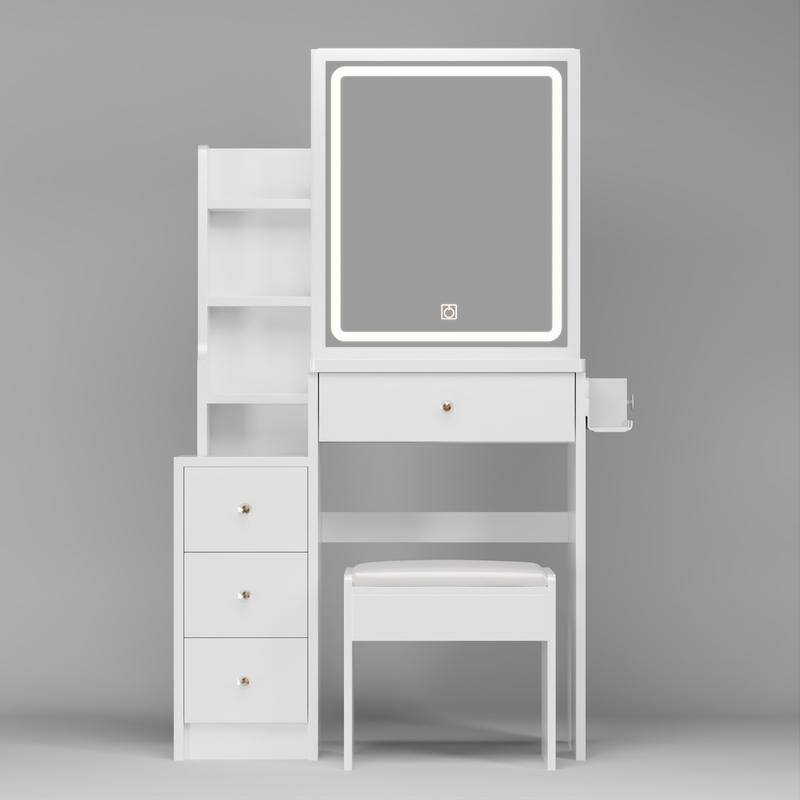 Modern Style Wood Make up Vanity with Lights,Make up Organizer with Cushioned Stool