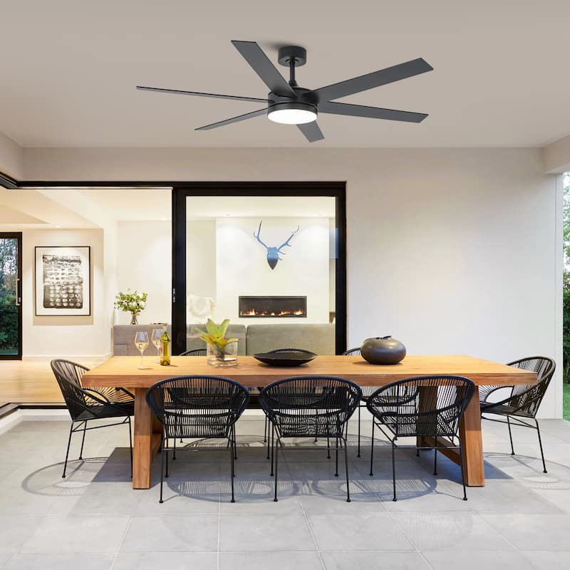 Vaczon 60-inch Modern Black Wood Integrated LED Indoor Smart Ceiling Fan with Light and APP