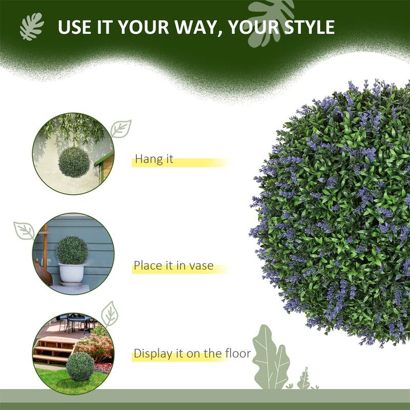 Set of 2 Purple and Green Artificial Topiary Balls with UV Protected Leaves and Flowers for Indoor Outdoor - 16.5" diameter