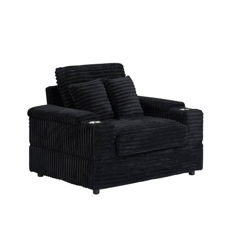 Black Corduroy Single Sofa with Pillows and Ottoman