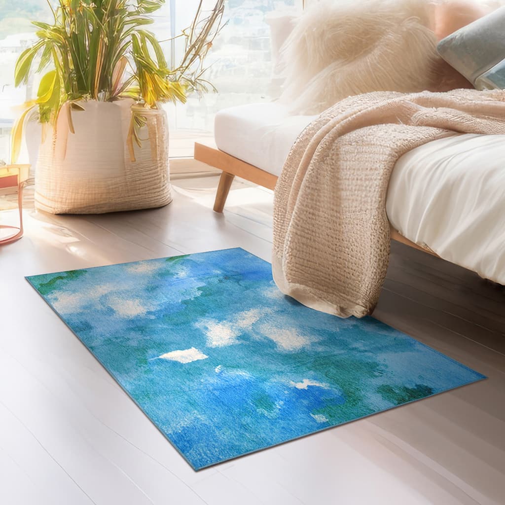 My Magic Carpet Machine Washable Rug Watercolor Aqua Blue