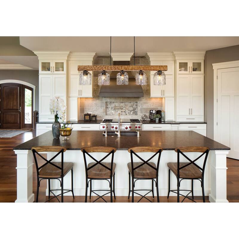 Farmhouse 5-Light Linear Island Pendant with Hammered Glass Shades and Antique Wood Finish