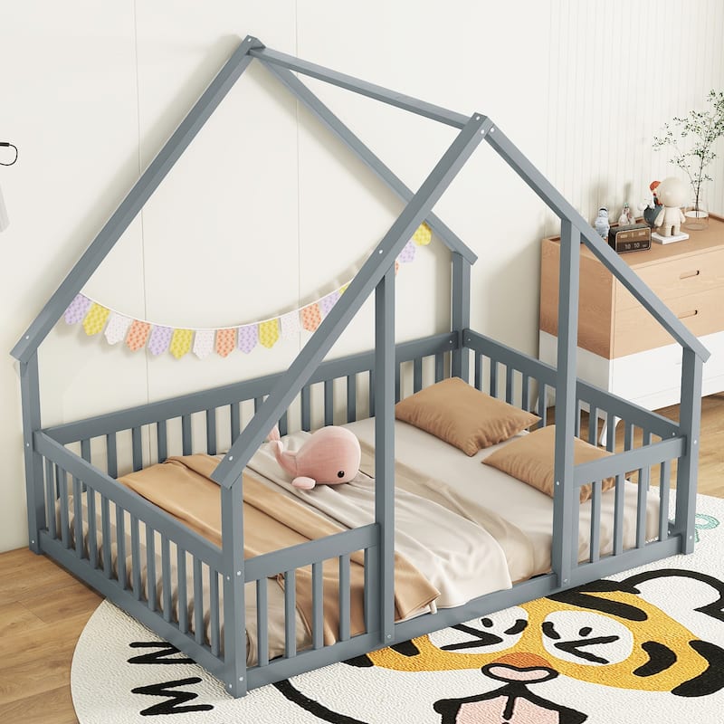Full Wood House-Shaped Floor Bed with Fence, Guardrails, White