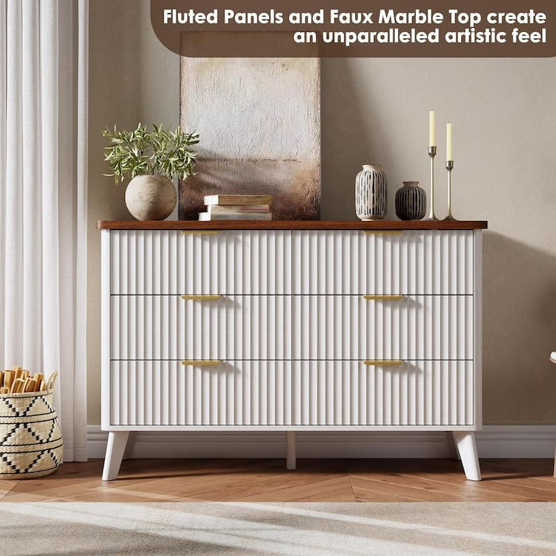 Modern Fluted 6 Drawers Dresser TV Stand for Living Room, Bedroom