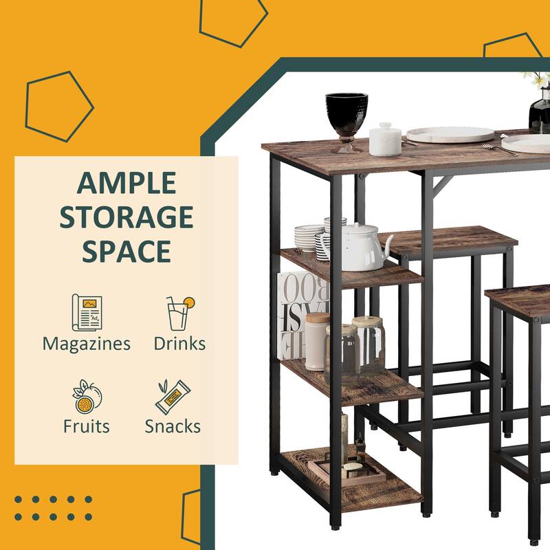 3-Piece Rustic Wood Top Bar Table Set with 2 Counter Stools and Metal Frame for Kitchen and Dining