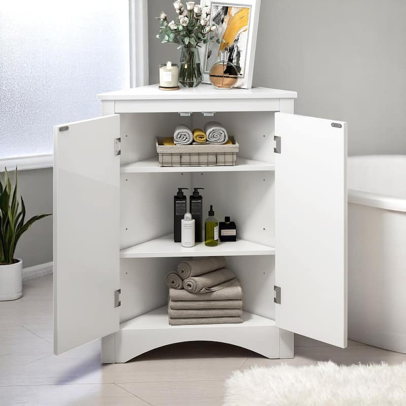 Modern Triangle Floor Cabinet with Doors and Adjustable Shelves, Compact Corner Storage for Bathroom or Kitchen
