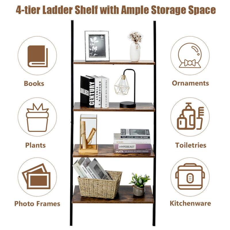 Gymax Industrial Ladder Shelf 4-Tier Leaning Wall Bookcase Plant Stand - See Details