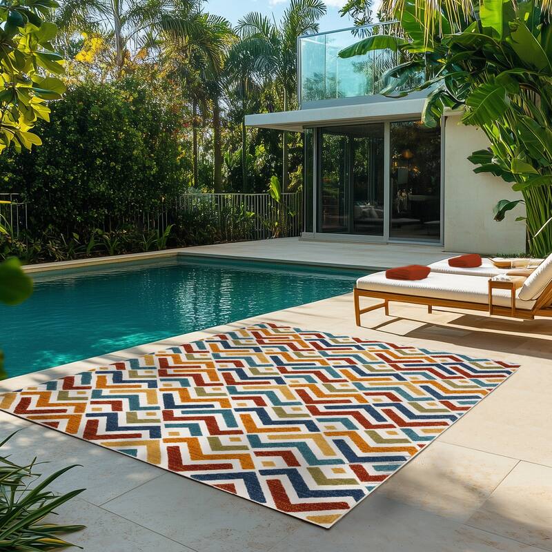Gertmenian Kalari Modern Bold Multicolored High-Low UV Protected Polypropylene Woven Indoor/ Outdoor Area Rug Collection