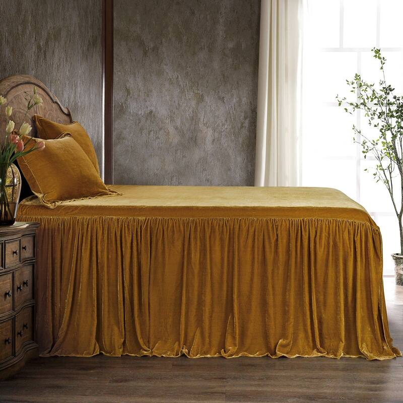 HiEnd Accents Stella Faux Silk Velvet Ruffle Skirt 3 Piece Bedspread Set with Pillow Shams - Saffron - King