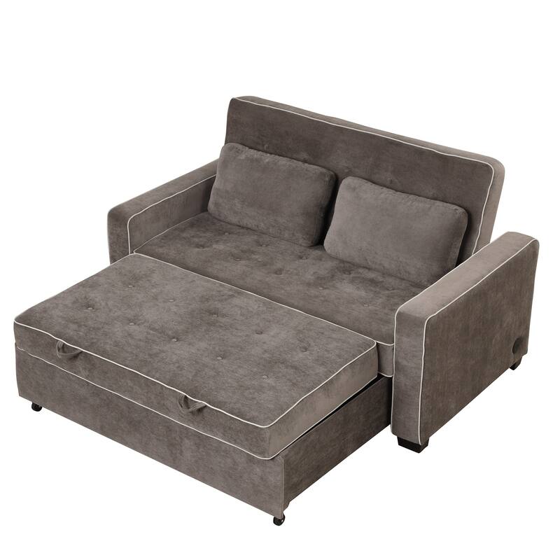 61.4" Upholstered Sleeper Bed, Pull Out Sofa with Adjustable Backrest, Dual USB Port, Brown Gray
