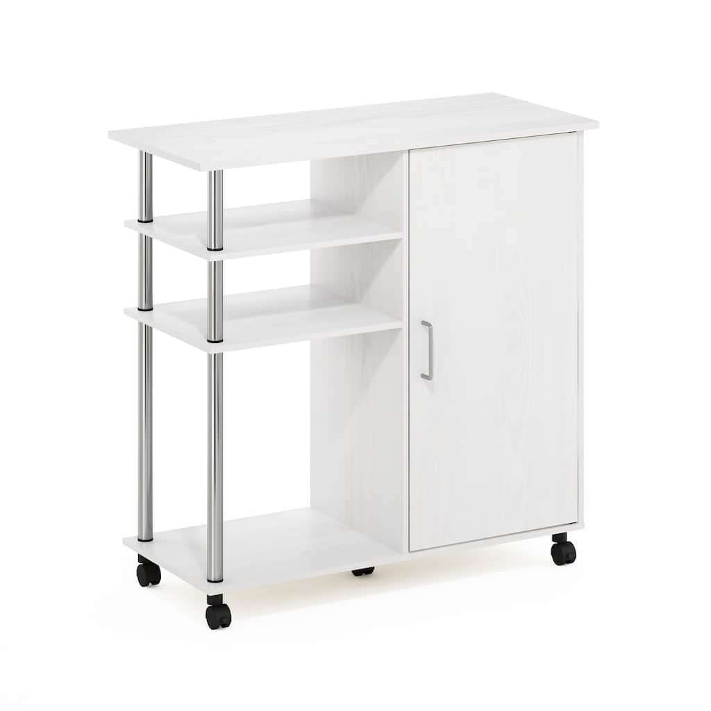 Utility Kitchen Island and Storage Cart with Cabinet, Open Shelves, and Stainless Steel Support Tubes on Wheels