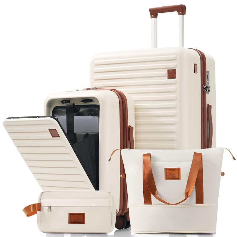 4-Piece Luggage Set with USB Charging Ports - Ivory