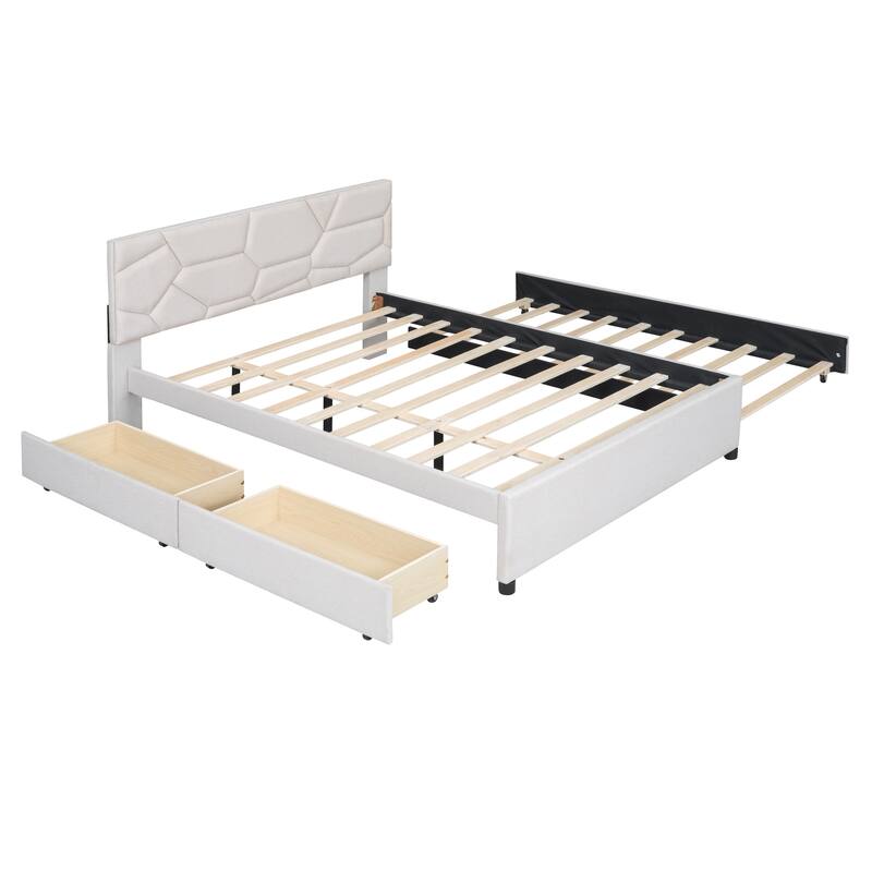 Linen Fabric Platform Bed with Trundle and 2 Drawers