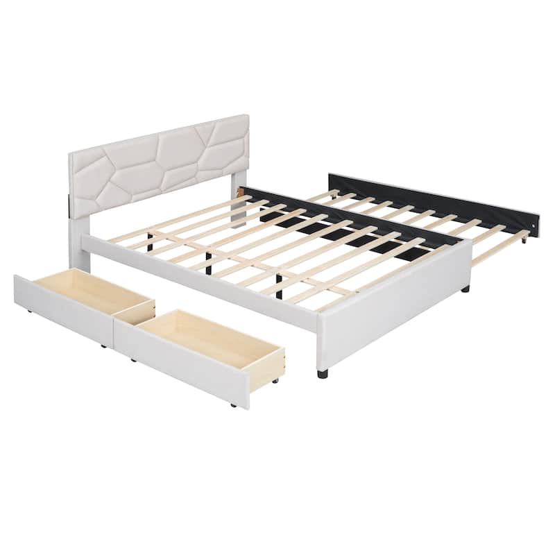 Upholstered Platform Bed with Brick Pattern Headboard, with Trundle and 2 drawers, Linen Fabric