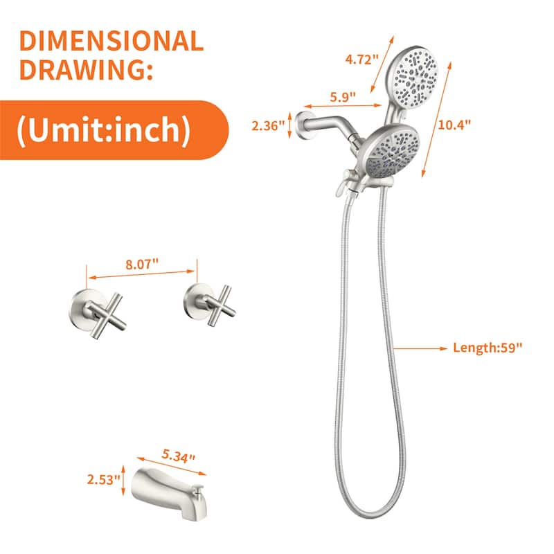 Wall Mount Tub and Shower Faucet with Hand Shower Brass Dual Head Complete Wall Mounted Shower System with Valve