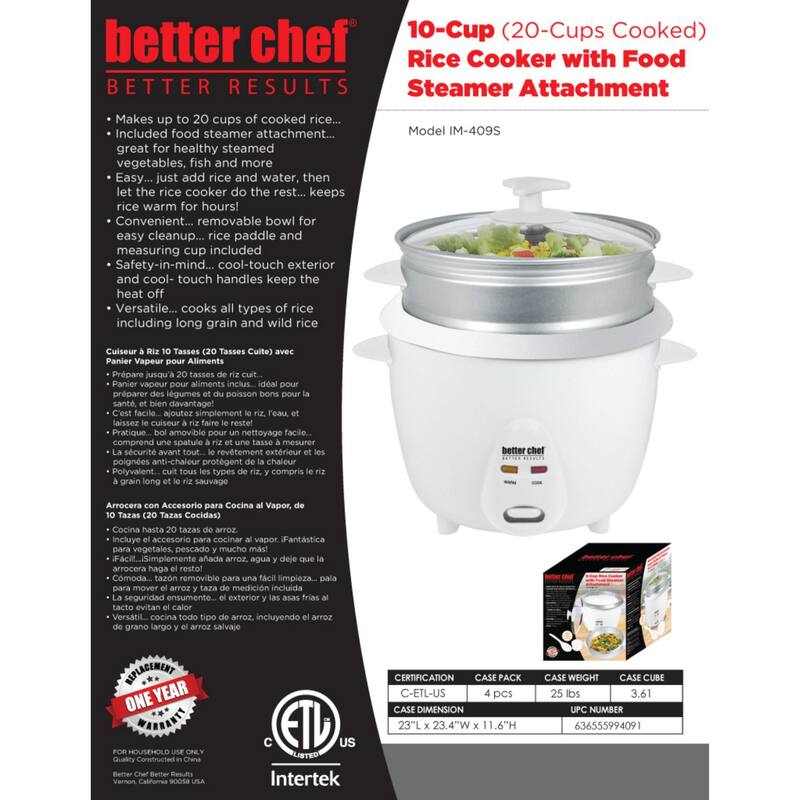 Better Chef 10-Cup - 20-Cup Cooked - Rice Cooker with Steamer