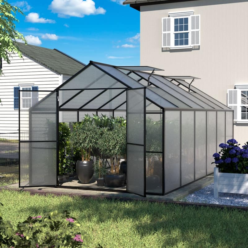VEIKOUS Aluminum Walk-In Garden Greenhouse Kit with Adjustable Roof Vent and Lockable Door Grey