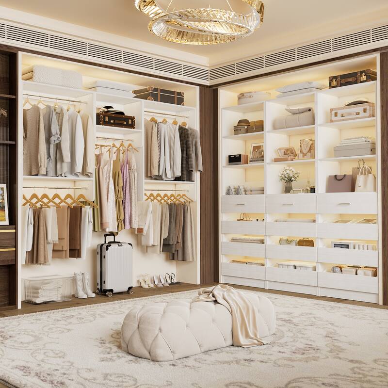 Rackcog 115.7" W Walk-in Closet System With 4 Drawers and 5 Hanging Rods, Space-Saving Wardrobe Rack Closet Organizer